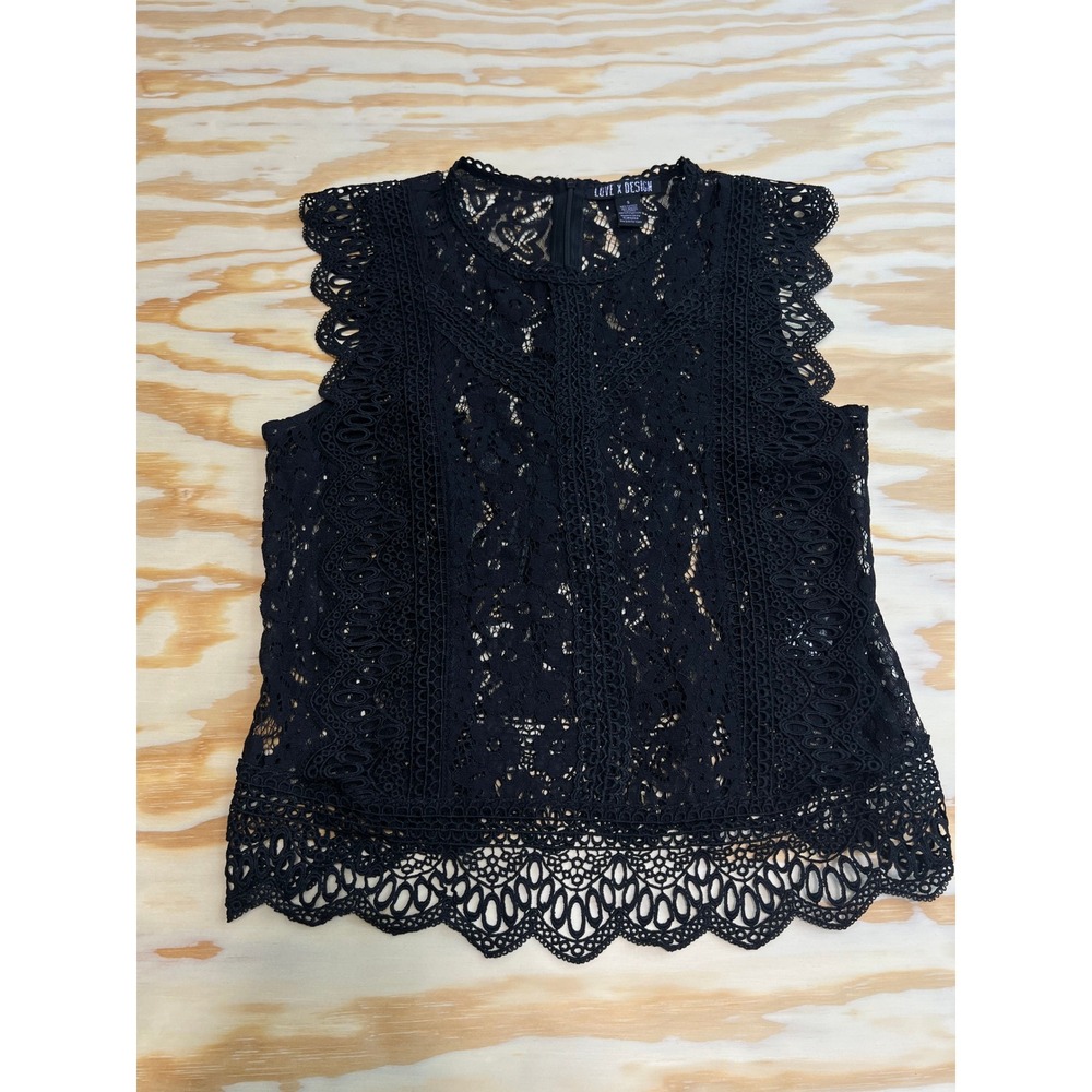 Love X Design Black Lace Sleeveless Top Scalloped Hem Crochet Trim Small